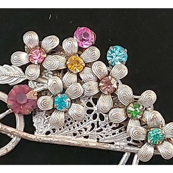 Vintage Garden Wheelbarrow w/Flowers Rhinestones Pin Brooch Costume 3.5" - Picture 6 of 10